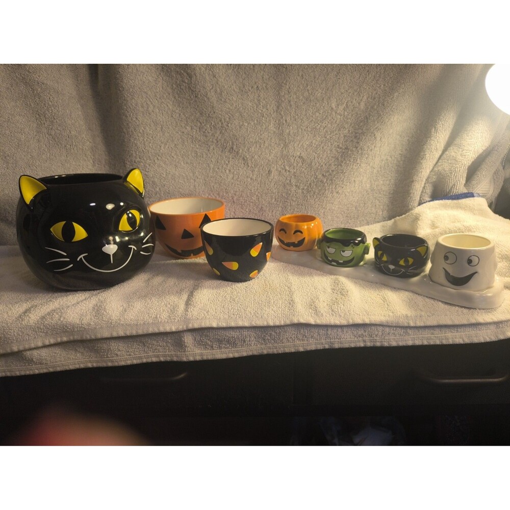 Yankee Candle Halloween Friends Lot Kookie Kitty Votive Tray Ceramic Bowls Set
